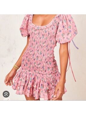 LoveShackFancy Pink Floral Smocked Mini Dress